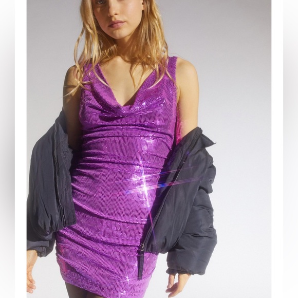 Urban Outfitters Dua Cowl Neck Purple Sequin Glitz Glam Bodycon Mini Dress - Picture 2 of 9